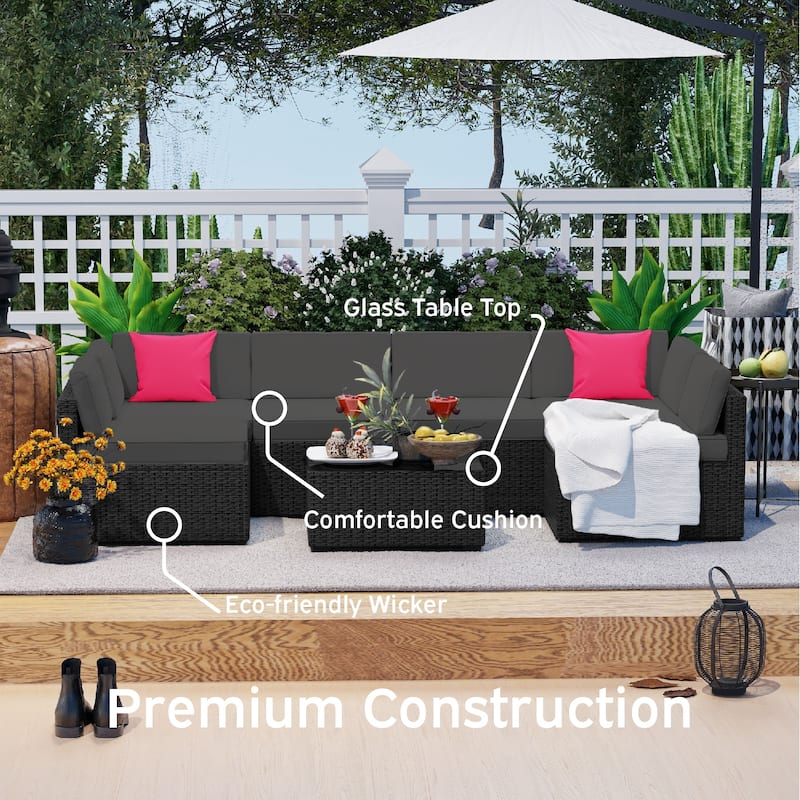 Nestl 7 Piece Wicker Patio Furniture Set - Outside Patio Conversation Sets with Patio Sectional