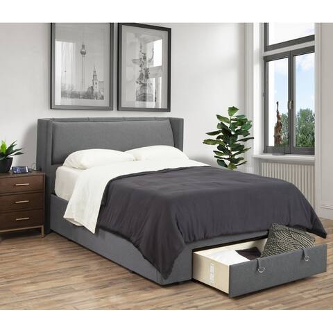 Republic Design House Pillowed Headboard Upholstered 1 Drawer Storage Bed, Grey Polyester