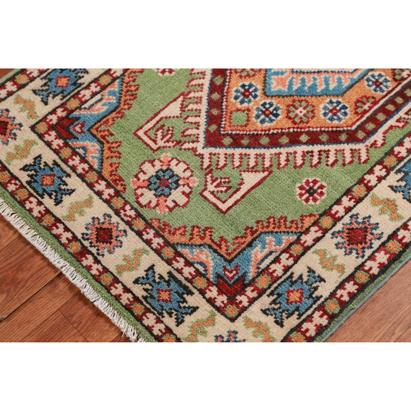 Geometric Green Kazak Oriental Accent Foyer Rug Handmade Wool Carpet - 2'0"x 3'0"