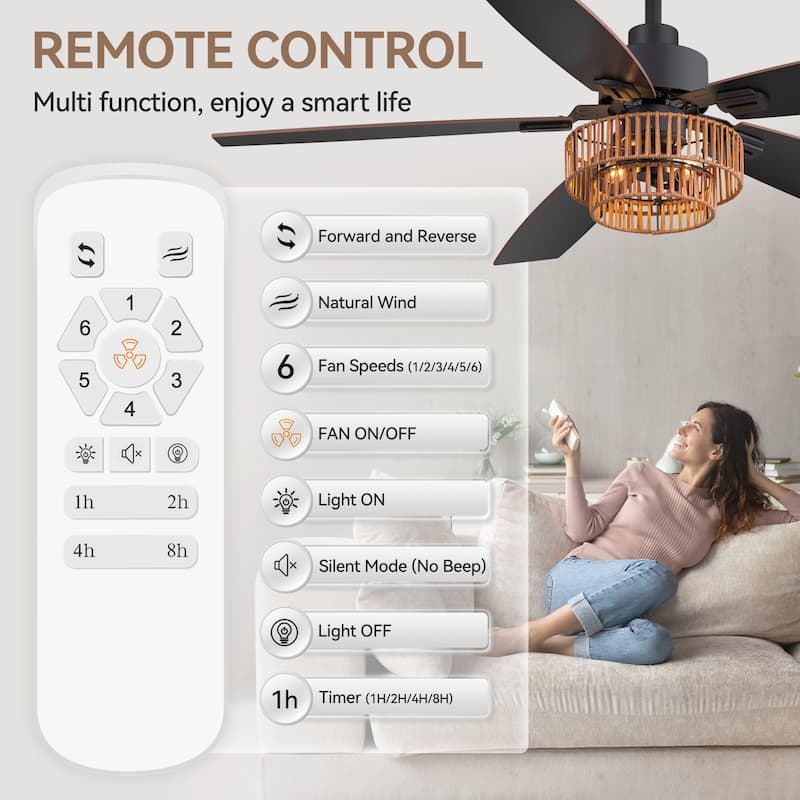 52" Farmhouse Reversible 5-Blade Ceiling Fan with Light and Remote