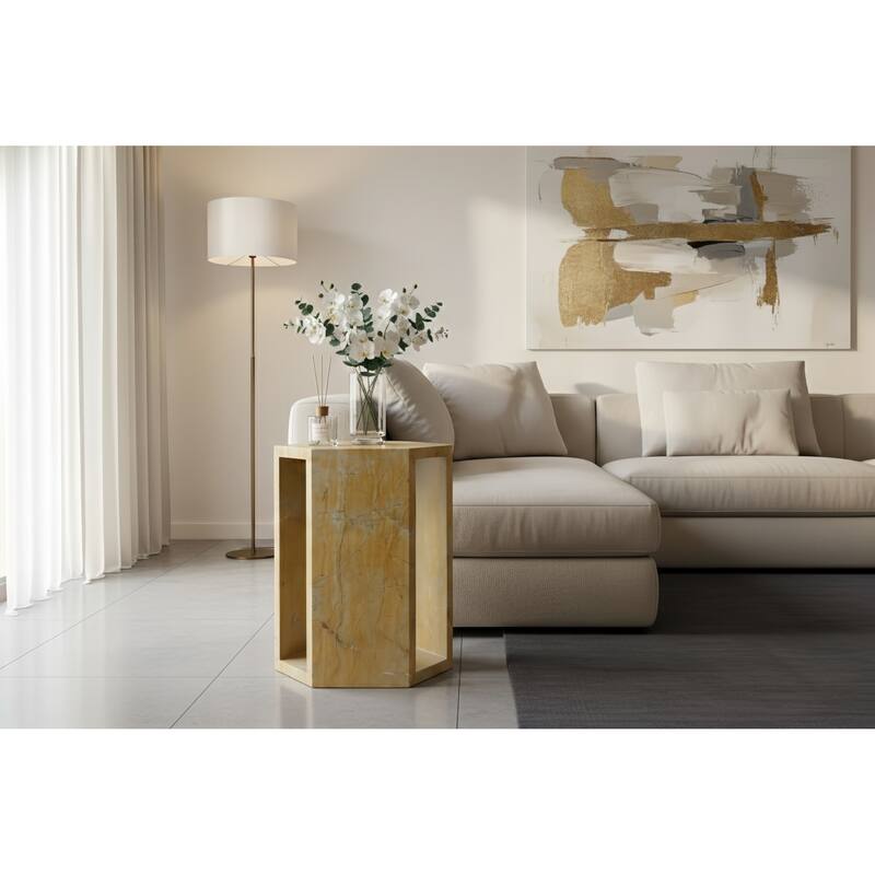 Roomfitters Luxury Natural Marble Hexagon Side Table, Solid Stone Geometric Pedestal End Table, Polished Finish - Gold