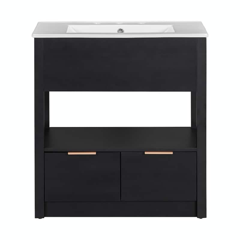 30" Bathroom Vanity with Sink Top, Open Storage Shelf, Two Drawers