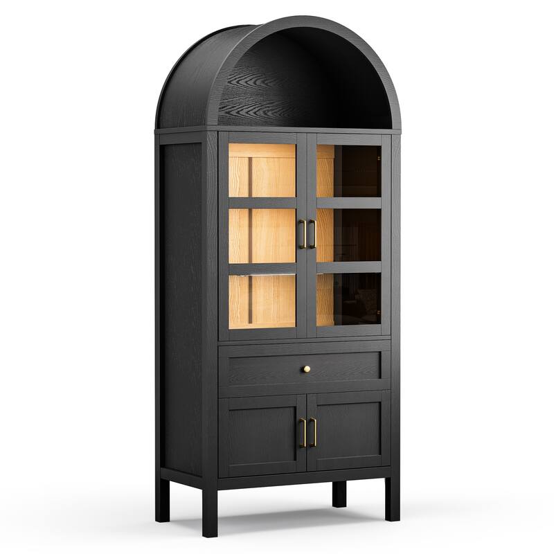 Arched Storage Cabinet With Glass Doors & Auto Sensor LED Lights