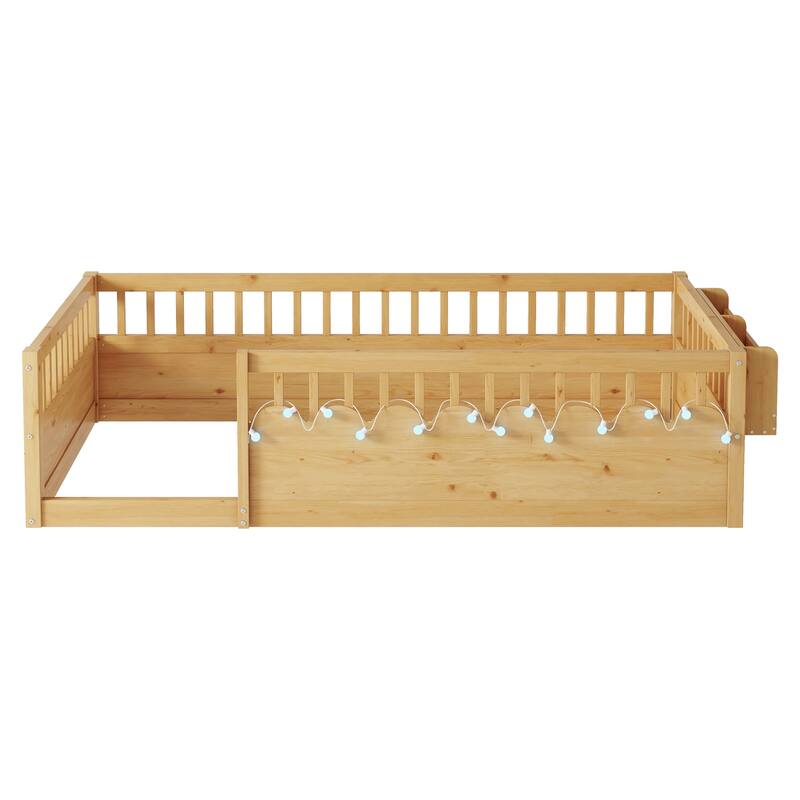 Wooden Kids Montessori Floor Bed with LED Light and Storage Shelf, No Slats