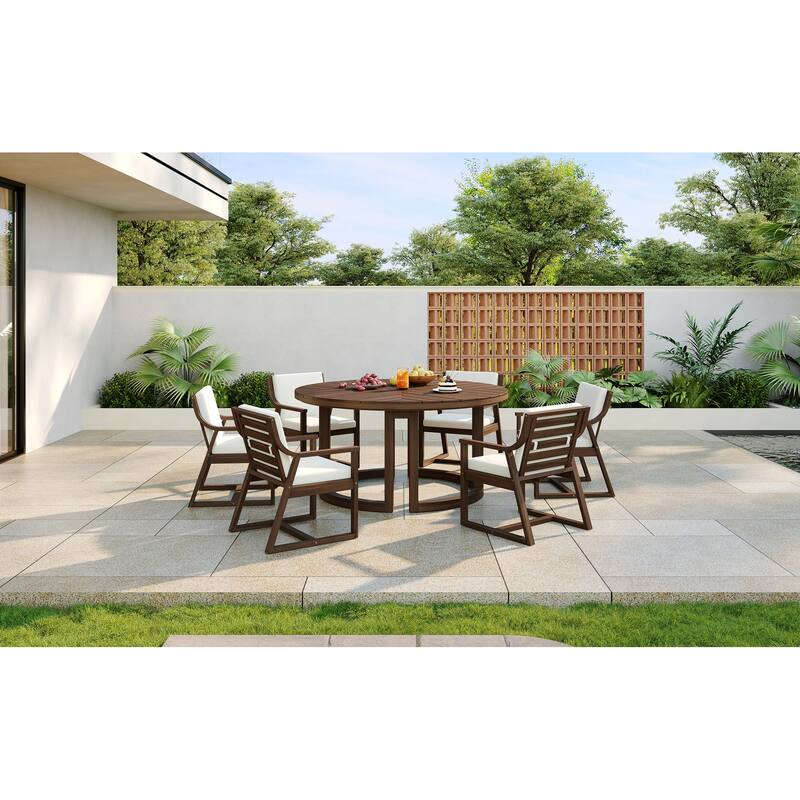 Round Patio Dining Table Set for 6 with Umbrella Hole Durable Acacia Wood Outdoor Furniture