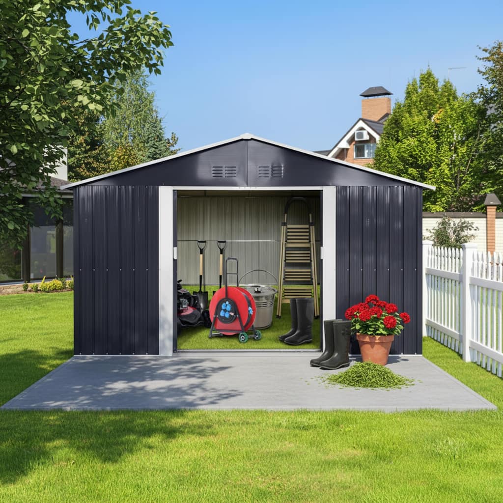 Roomfitters 11.2x10.6 Ft Metal Storage Shed Outdoor Backyard Garden House Sliding Door Lockable Tool Storage Box Vents, Grey