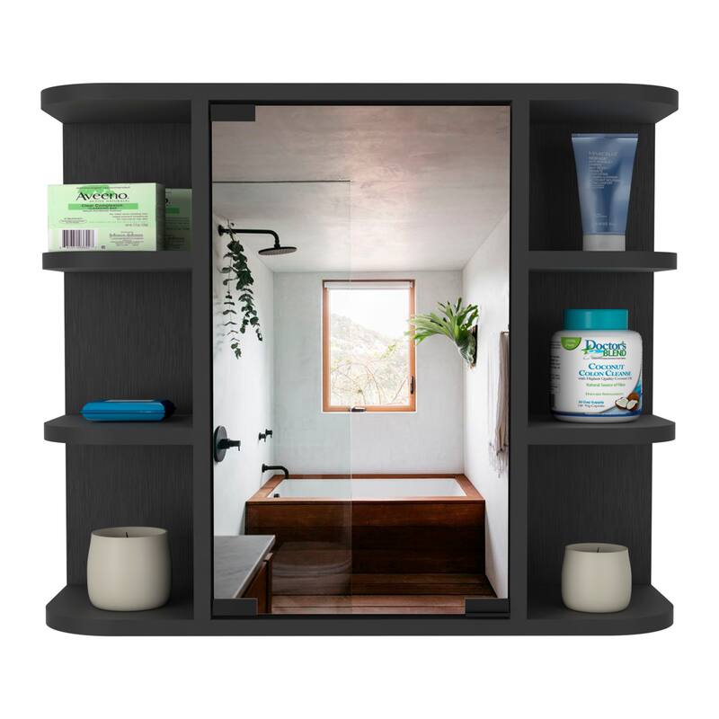 Light Gray Medicine Cabinet - 20" H, Mirror Panel Door, 6 External Shelves, 3 Interior Shelves, Wall-Mounted Storage - 23.62X7.48 in - Black + Particle Board