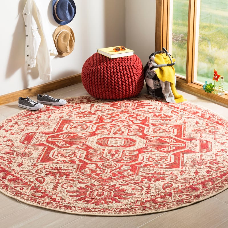 SAFAVIEH Linden Ludmyla Indoor/ Outdoor Waterproof Patio Backyard Rug - 6'7" Round - Red/Creme