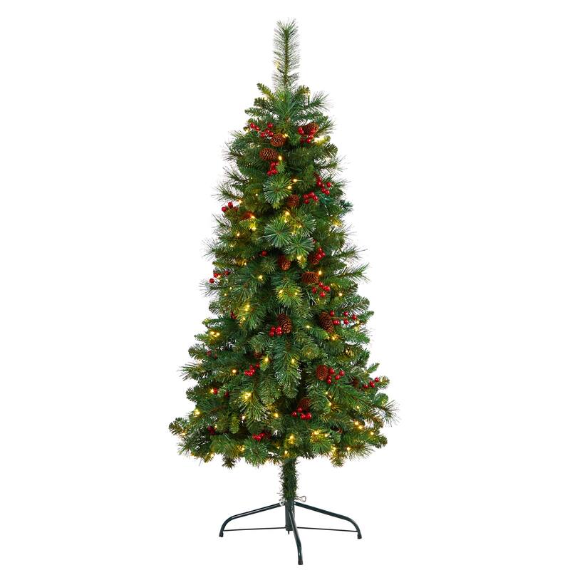 5ft. Flat Back Pine Artificial Christmas Tree with Pinecones, Berries & 110 Warm White Lights - Space-Saving Holiday X-Mas Tree