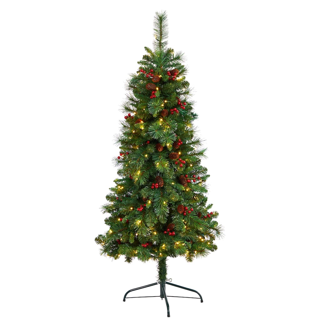 5ft. Flat Back Pine Artificial Christmas Tree with Pinecones, Berries & 110 Warm White Lights - Space-Saving Holiday X-Mas Tree