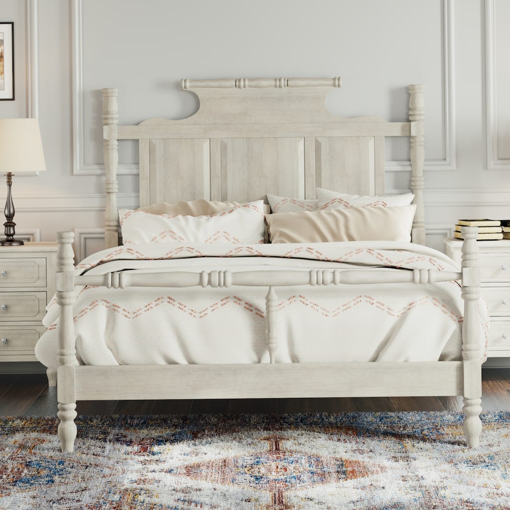 Vintage Country Style Wood King Size Four Poster Platform Bed with 56.9" High Crown-like Headboard, No Box Spring Needed
