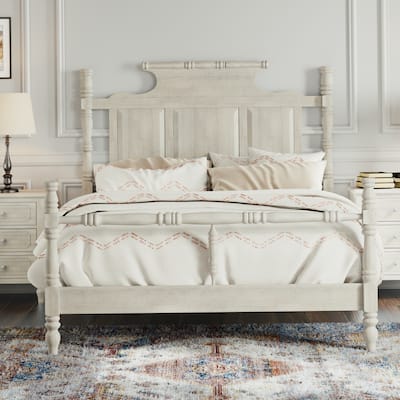 Vintage Country Style Wood Queen Size Four Poster Platform Bed with 56.9" High Crown-like Headboard, No Box Spring Needed