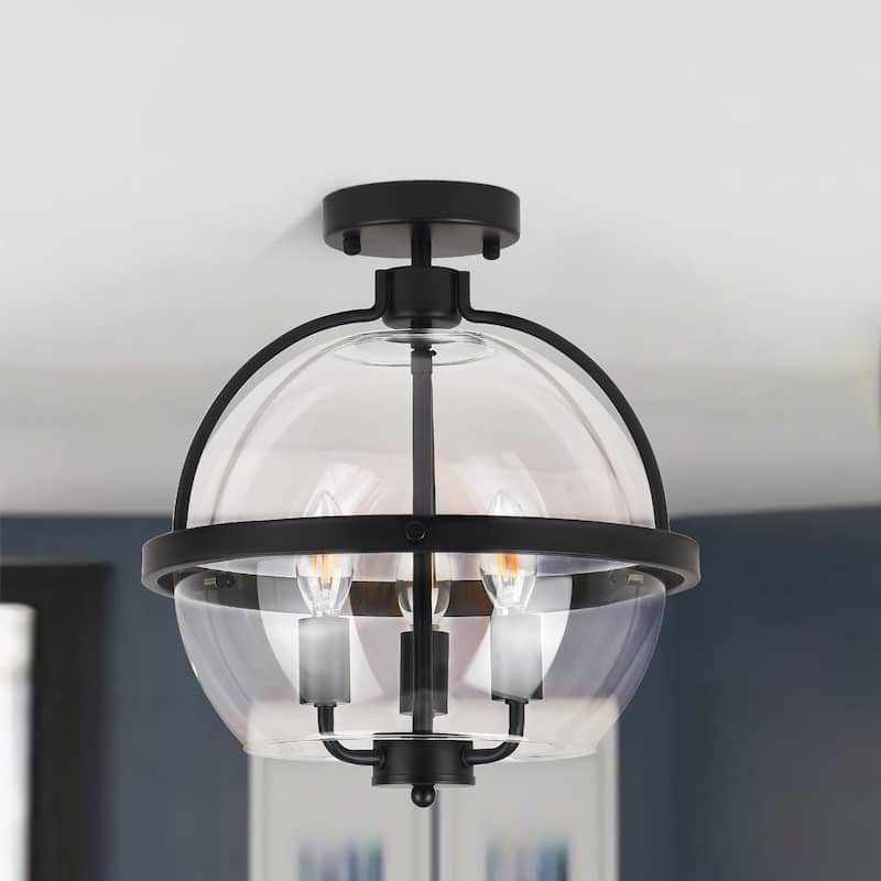 3-Light Industrial - Style Black - Framed Clear Glass Globe Flush Mount Ceiling Light - Matte Black - Matte Black