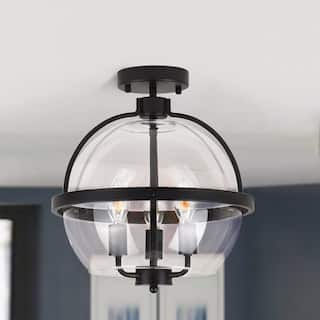 3-Light Industrial - Style Black - Framed Clear Glass Globe Flush Mount Ceiling Light - Matte Black