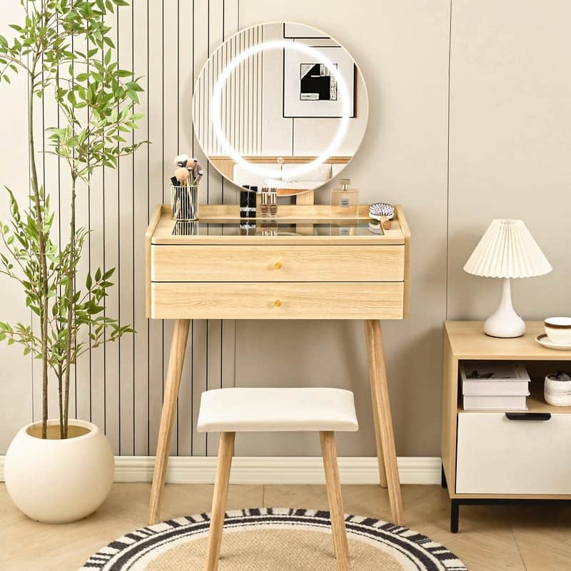 Small Vanity Desk with 3 Modes Lighted Mirror & Stool, Compact Vanity with 6-Grid Organizer