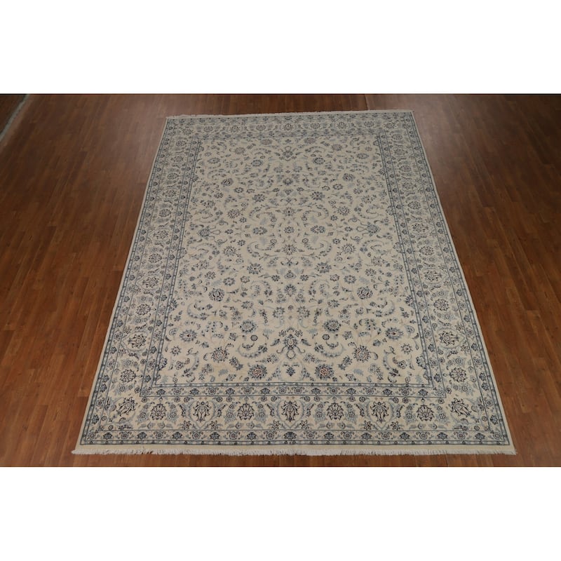 Wool & Silk Vegetable Dye Floral Nain Persian Area Rug Handmade Carpet - 8'2"x 10'9"