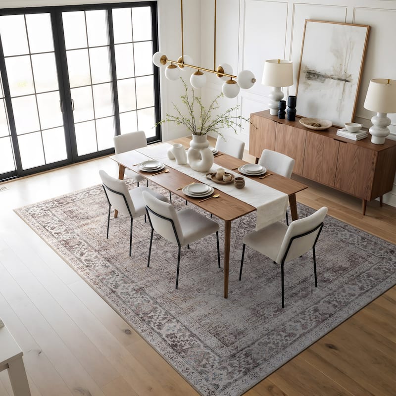 Beige Classic Washable Rug - Flat Pile, Non-Slip, Versatile for Any Room
