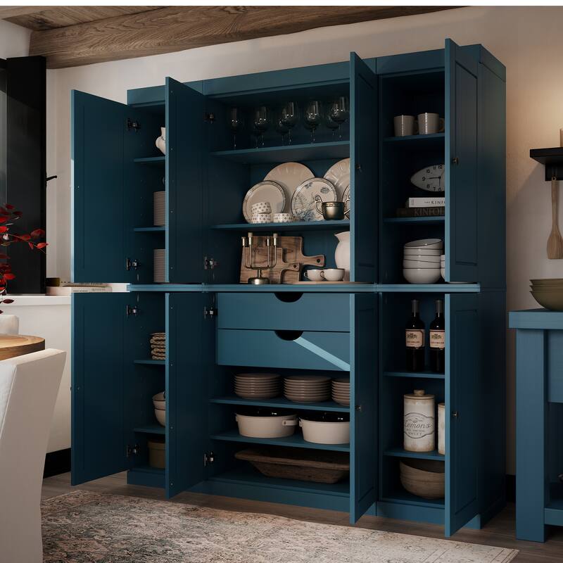Palace Imports 100% Solid Wood Pantry Cabinet, Raised Panel Doors, 2 Drawers, Adjustable Shelves, 65" Wide, 71.5" Tall - Teal Blue