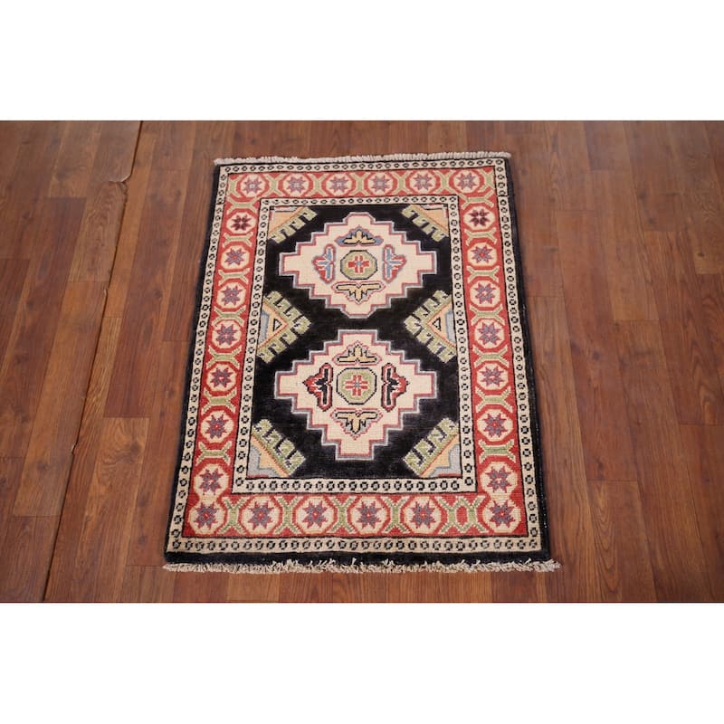 Black Geometric Kazak Oriental Foyer Rug Hand-Knotted Wool Carpet - 2'1" x 2'8"