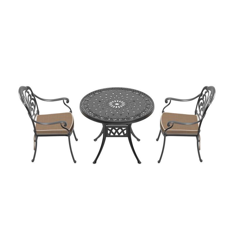 3/5-Piece Cast Aluminum Outdoor Dining Set with 35.43 in. Round Table and Random Color Cushions