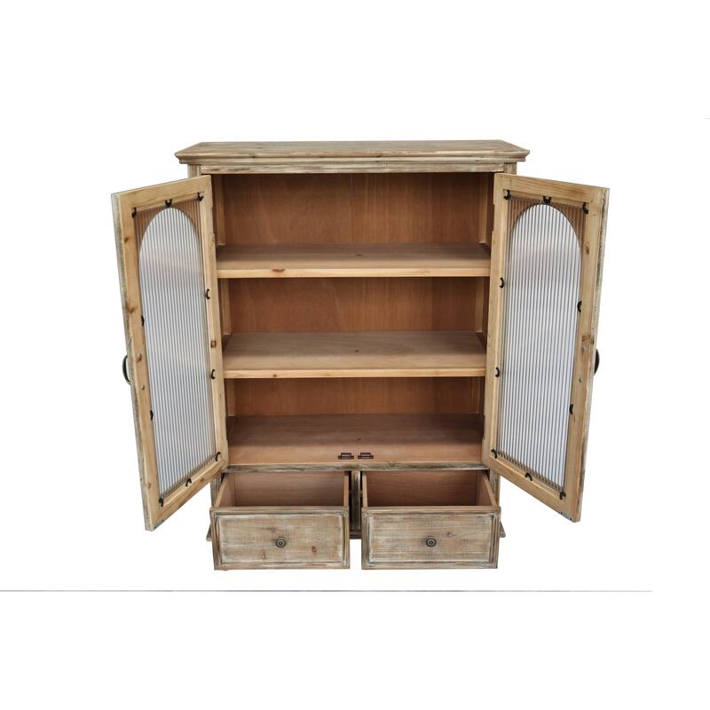Farmhouse Storage Cabinet,Wood Kitchen Pantry Cabinet with 2 Glass Doors & 2 Drawers,Freestanding Buffet Cupboard with Shelves