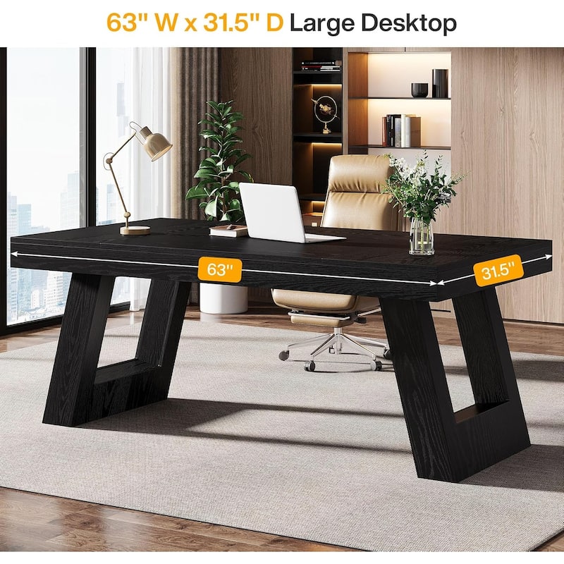 63 Inches Wood Executive Desk, Large Home Office Desk with Double Pedestal