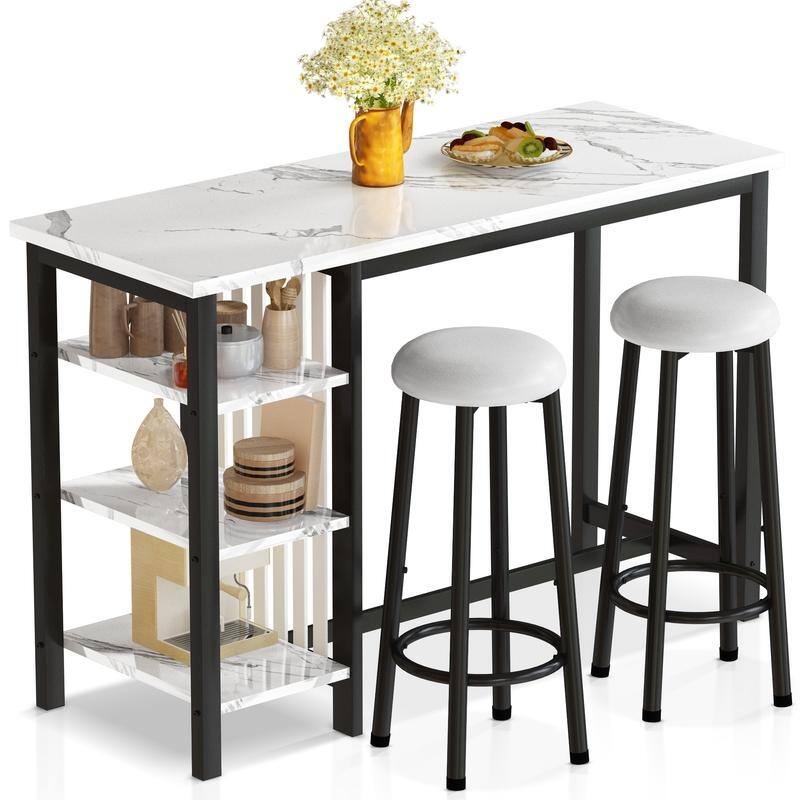 Grondin Modern Contemporary Faux Marble 3 Piece Bar Table Set with 2 Upholstered Stools and Extra Storage Shelves