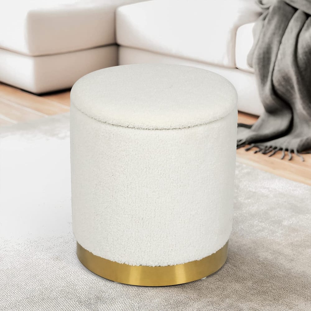 Adeco Velvet Round Storage Stool Gold Plating Base Storage Ottoman