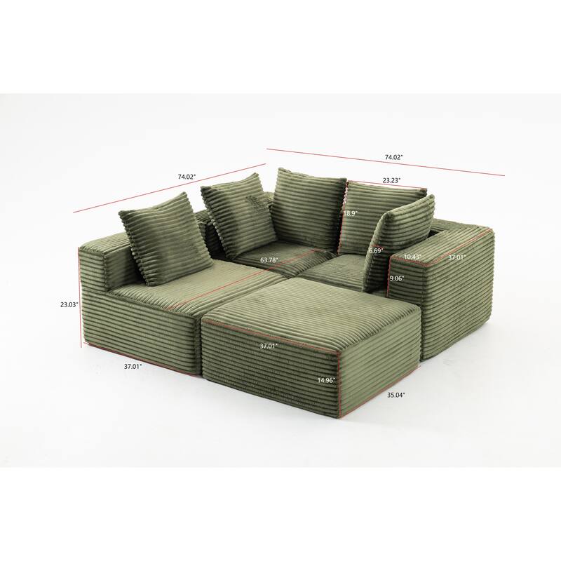 Floor Standing Deep Seat Sofa Corduroy Modular L-shaped Sectional Sofa with Chaise Lounge Compressed Sofa with Ottoman