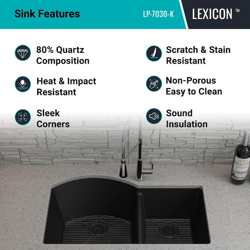 Lexicon Platinum Quartz 32 Inch 70/30 Double Bowl Kitchen Sink with Bottom Grids and Strainers and Disposal Flange