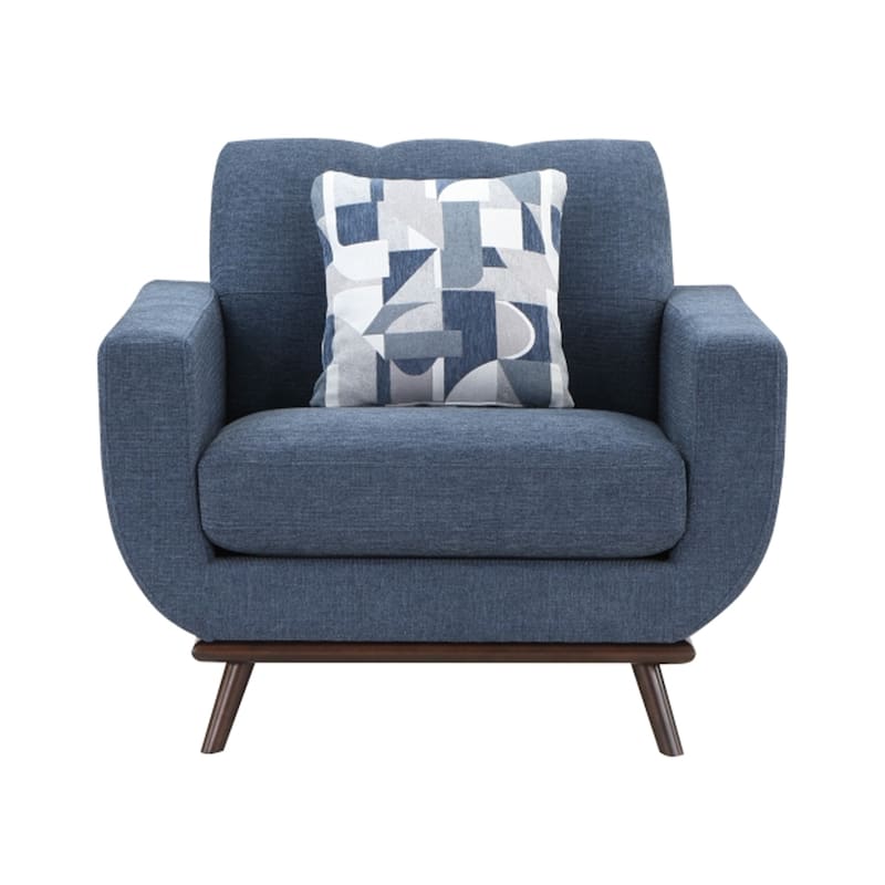 Keto 42 Inch Accent Chair, Blue Chenille 1 Throw Pillow, Brown Solid Wood