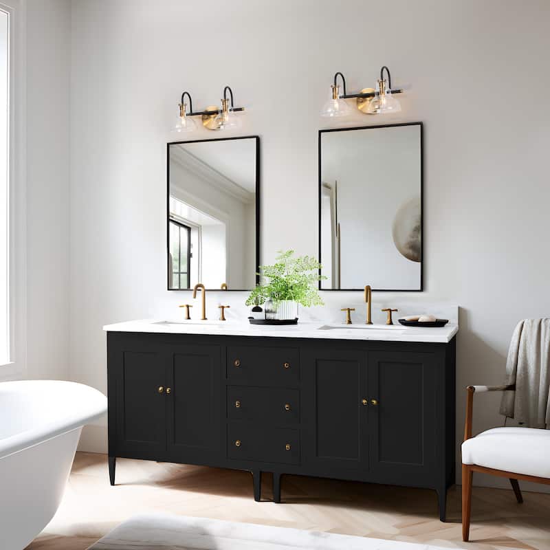 Modern Black Gold 2-Light Bathroom Vanity Light Wall Sconce with Clear Glass - 14.5" L x 7.5" W x 8" H