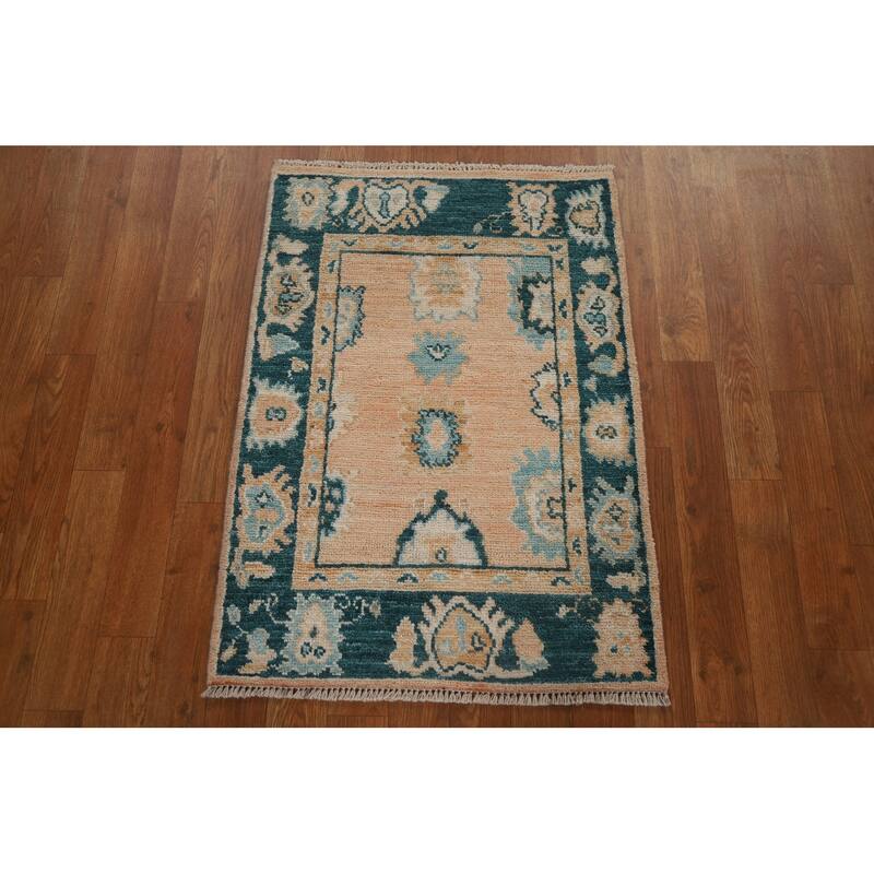 Hand Knotted Oriental 100% Wool Carpet Transitional Geometric Peach Oushak Area Rug - 2' 11'' X 2' 0''