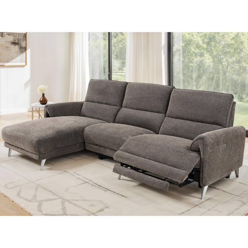 Furniture of America Pirel Modern Chenille L-Shaped Sectional Recliner with Chaise and USB Ports - Brown - Left Facing