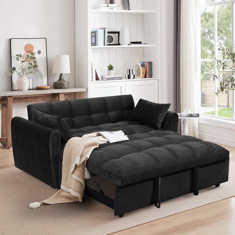 64.9" 3-in-1 Convertible Velvet Double Futon Sofa Bed with 2 Pillows - Black