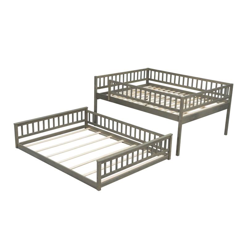 GDFStudio - Solid Wood Queen over Queen Bunk Bed with Ladder & Guardrails