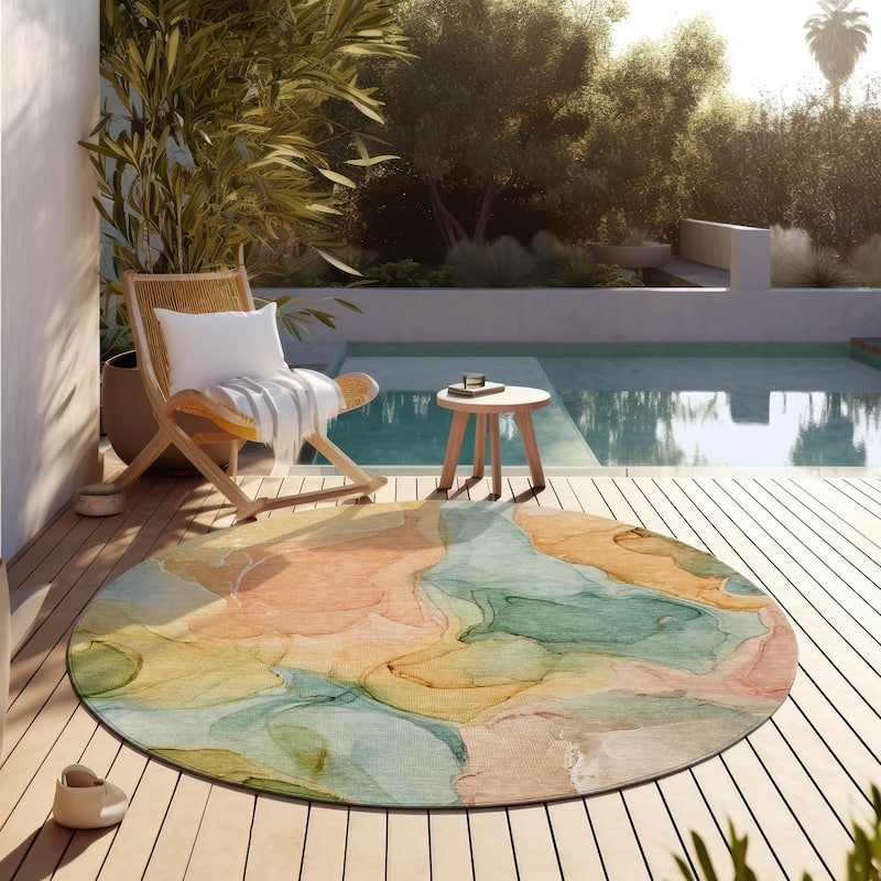 Machine Washable Indoor/ Outdoor Chantille Watercolor Blue Rug - Blue - 8' x 8'