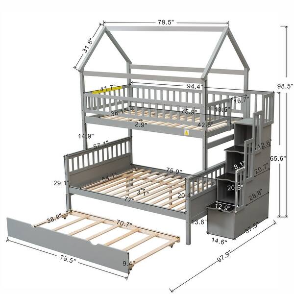 Gray Twin over Full Size House Bunk Bed with Storage Staircase and