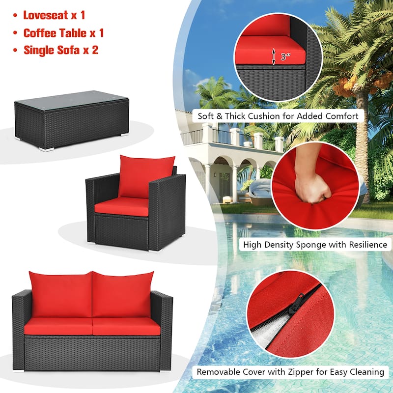 Costway 8PCS Patio Rattan Cushioned Sofa Chair Coffee Table Garden Red - See Description
