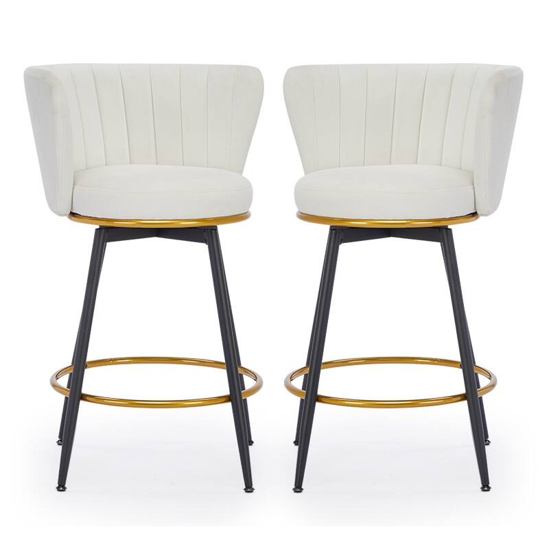Mid-century Counter Height Bar Stools Set of 2 360° Swivel Barstools with Vertical Stripe Backrest and Round Padded Seat