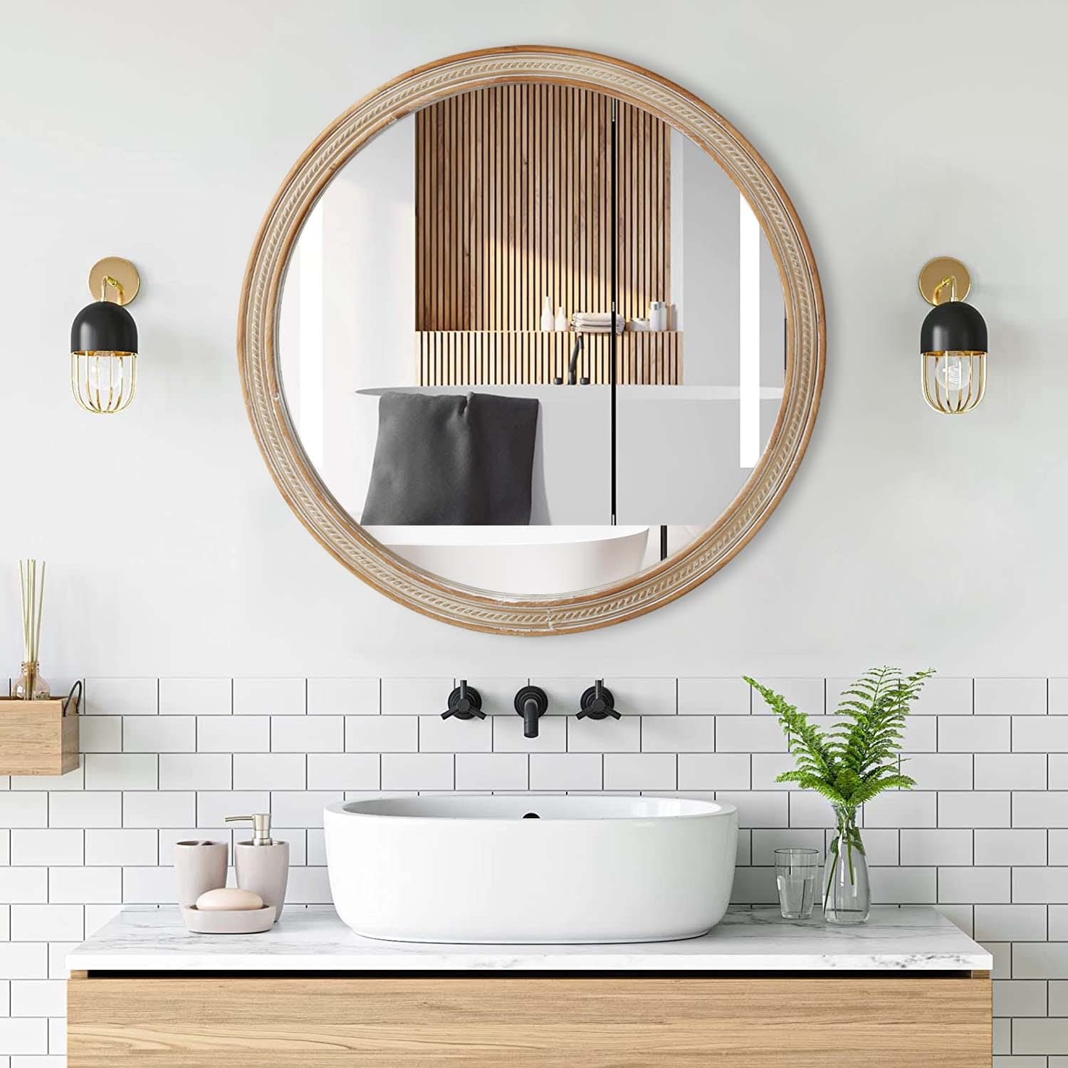 23.62" Round Decorative Wall Mirror with Woven Rattan-Textured Frame