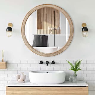 Round Decorative Wall Mirror with Woven Rattan-Textured Frame (23.62"), Rustic Modern Accent Mirror for Bathroom/Living Room