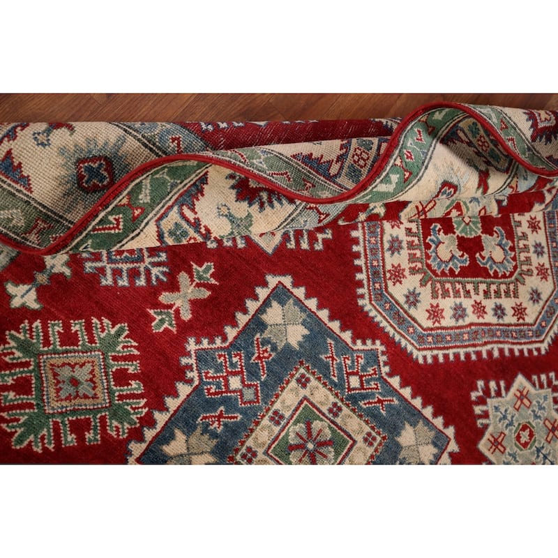 Geometric Red Kazak Oriental Area Rug Hand-Knotted Wool Carpet - 5'1" x 6'8"