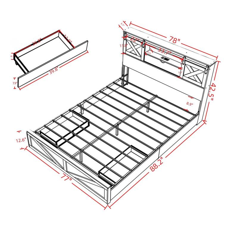 GDFStudio - Junie Rustic Wooden Bed Frame with LED Lights, Built-in Charging Station, 2 Underbed Drawers & No Box Spring Needed