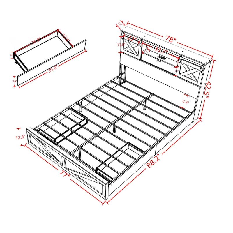 King/Queen Farmhouse Bed Frame with LED Lights, Charging Station & Barn Door Storage