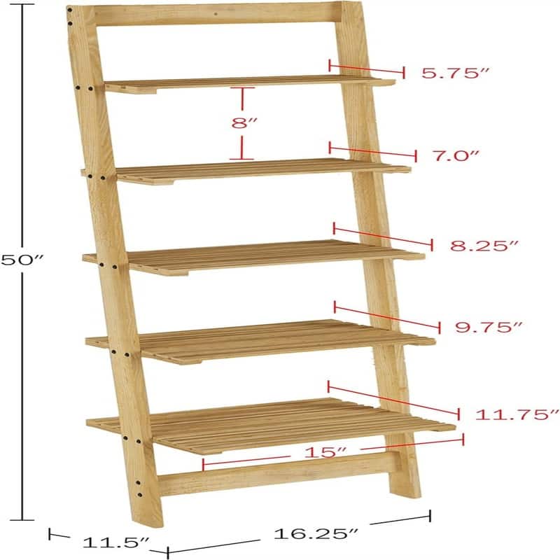 5 Tier Bookshelf Leaning Ladder Shelf Decorative Book Shelves for Bedroom - 11.5"D x 16.25"W x 50"H