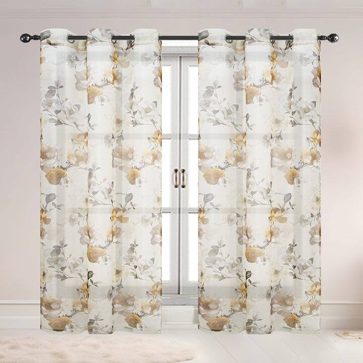 Alaina 2 Pack Floral Sheer Voile Grommet Window Curtain Panel, 37x84 Inches - Gold