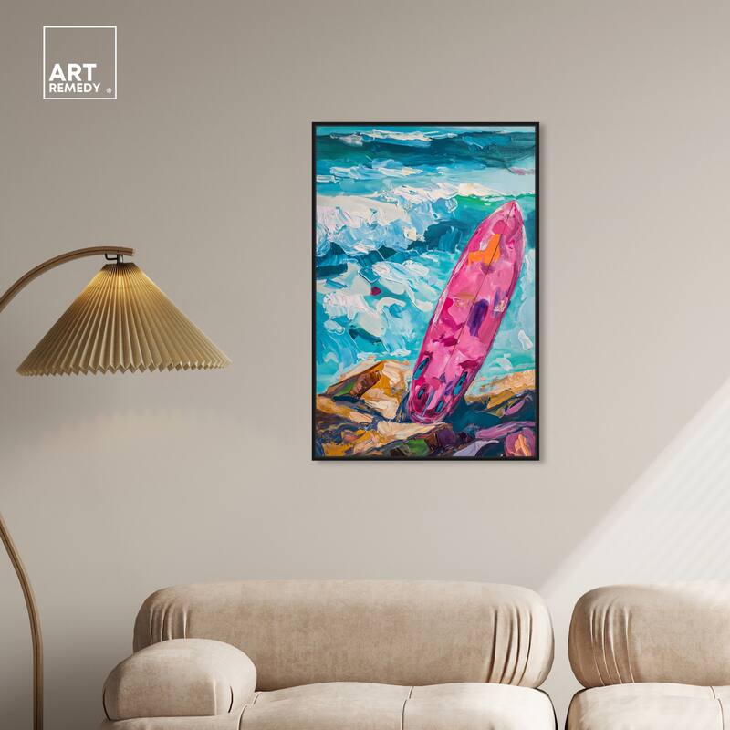 Art Remedy Just A Little Break Wave Framed Colorful Coastal 1 Piece Canvas Wall Art