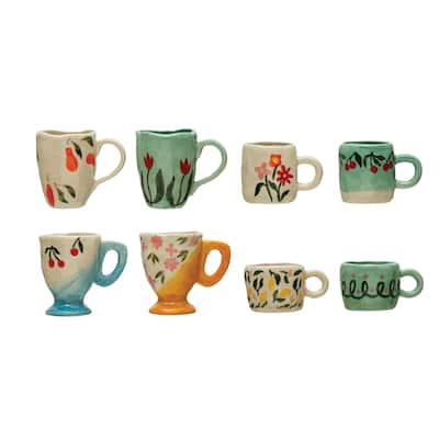 Stoneware Mugs with Painted Designs - 3.8"L x 2.8"W x 2.1"H