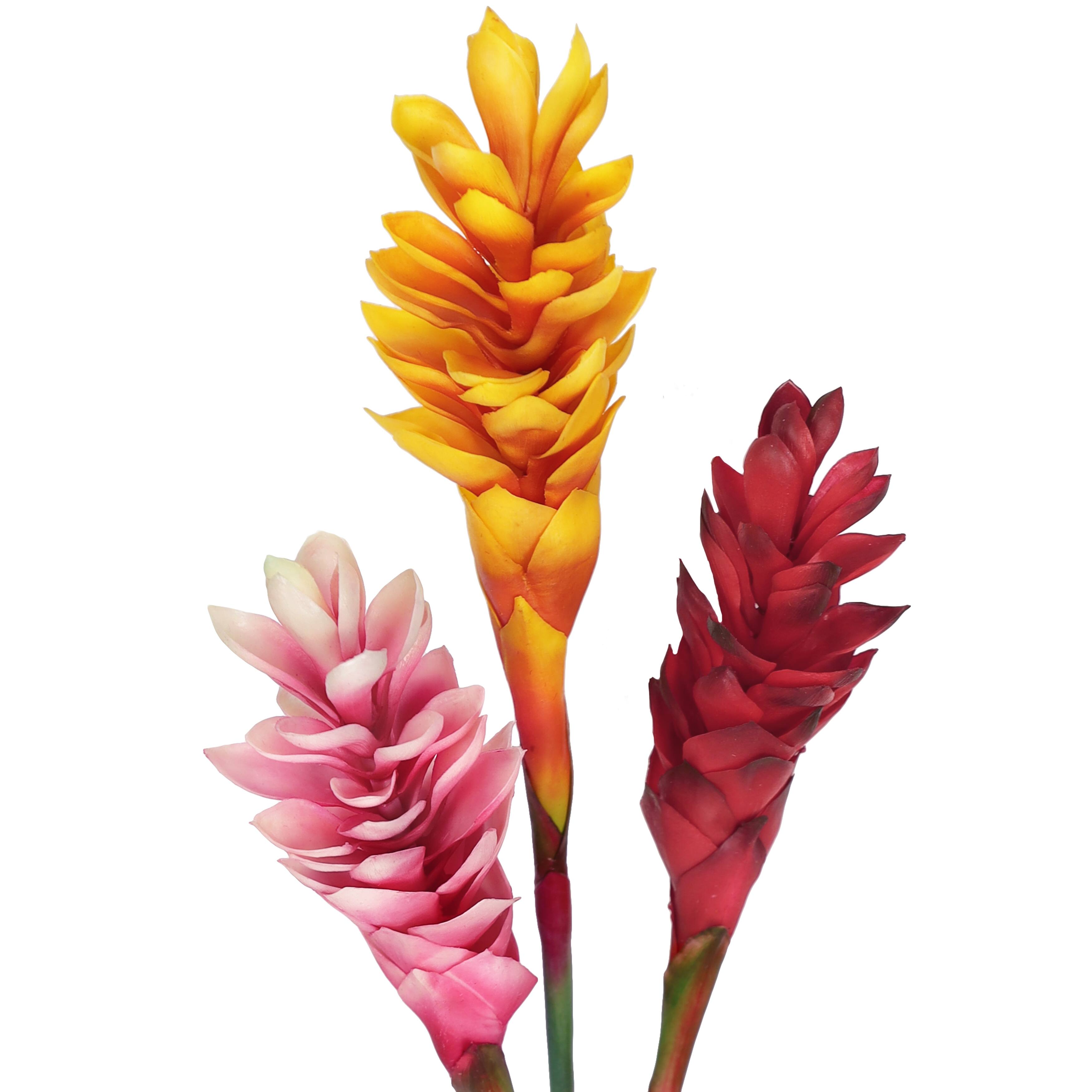 Set of 3 Real Touch Pink Artificial Ginger Flower Stem Tropical Spray